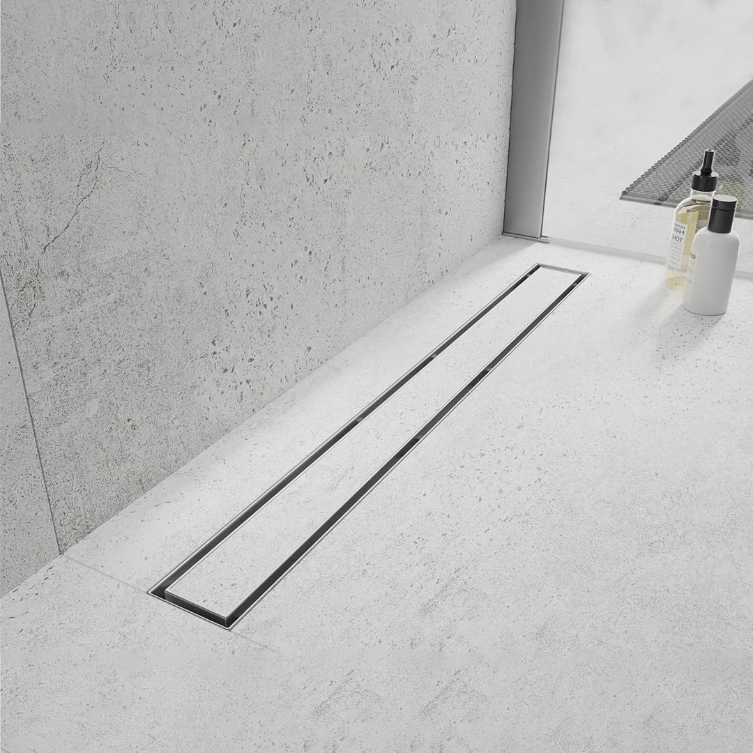 Linear Shower Drain 24 inch with Tile Insert 2-in-1 Panel, Brushed AISI 304 Stainless Steel Linear Drain with Hair Strainer and Adjustable Feet