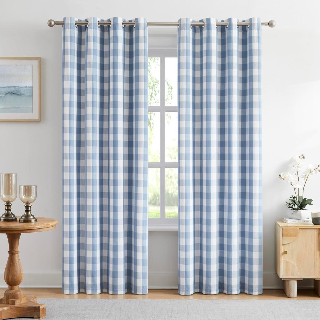 Amzdecor Blue White Buffalo Plaid Full Blackout Curtains 84 Inches Long, 52"W x 84"L
