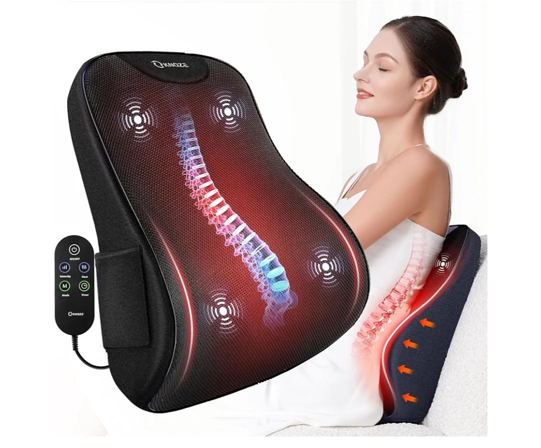 KNQZE Lumbar Support Pillow for Office Chair, Heated Back Support Pillow with Vibration, Back Massage for Pain Relief, 3 Heating Levels & 4 Motors & 3 Intensities, at Home Office Car Sofa - Black