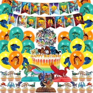 103 Pcs Wings of Fire Birthday Decorations, Dragon Birthday Party Supplies Set Includes Happy Birthday Banner, Cake Topper, Cupcake Toppers, Balloons, Honeycombs and Stickers for Boys and Girls