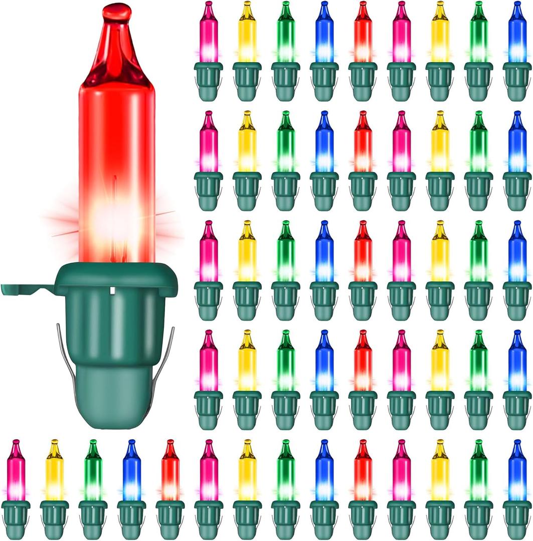 50 Pcs Twinkle Christmas Tree Light Replacement Bulbs, 2.5 Volt Incandescent Christmas Tree String Bulbs with Base for Indoor Outdoor Xmas Decor (Multicolor Light,Green Base)