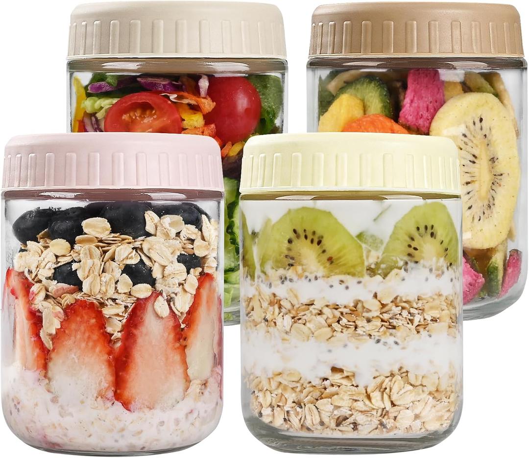 SHOWIN Overnight Oats Containers with Lids, 16oz Glass Jars with Lids 4 pcs, Wide Mouth Mason jars for Salad, Yogurt, Snacks, Meal Prep