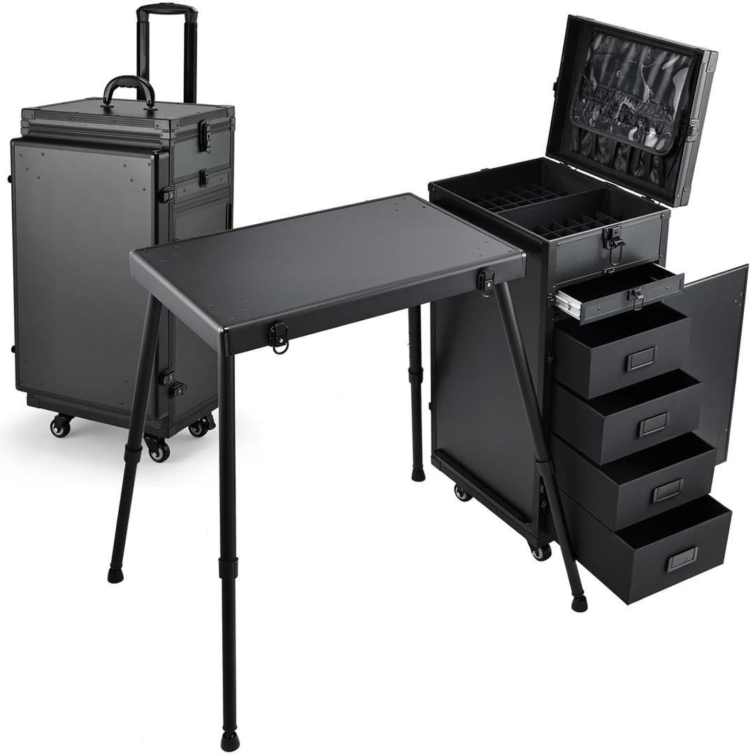Joligrace Rolling Manicure Table 5 Drawers Makeup Case Foldable Nail Desk Cosmetology Case on Wheels Nail Tech Table with Brush Pouch for Technician Workstation Mobile Makeup Artist Trolley Black