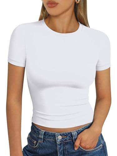 Trendy Queen Womens Short Sleeve T Shirts Summer Crop Tops Basic Slim Fit Gym Workout Y2k Clothes White S