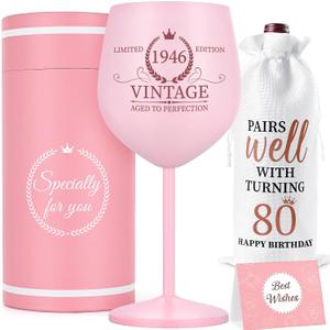 Lifecapido 80th Birthday Gifts for Women, Vintage 1946 Stainless Steel Wine Glass with Wine Bag and Card, 80th Birthday Decorations for Women, 80 Year Old Birthday Gifts for Grandma Mom Aunt Wife