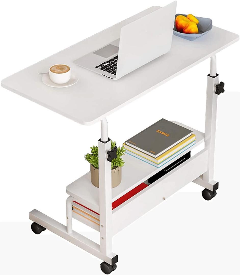 Adjustable Height Mobile Computer Desk for Small Space Rolling Writing with Wheels Corner Home Office Study Portable Bedrooms Work Size 31.5 Inch Storage Gaming Table, White D, 31.5" L x 15.75" W x 35.4" H