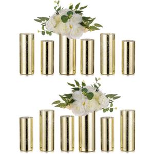 Glass Cylinder Vases Set of 12, Hewory Glittery Gold Vase for Centerpieces, Glass Hurricane Candle Holders for Pillar Floating Candle, Tall Round Vase for Wedding Anniversary Events Home Table Decor