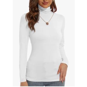 Women's Turtleneck Long Sleeve Shirts Slim Fitted Lightweight Base Layer Casual Tops, White, 2XL