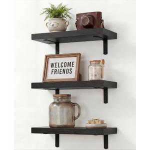 Easy Install Wall Shelves with Bracket,15.7Inch Wall Mounted Wood Floating Wall Shelves,Small Wall Shelves for Storage&Wall Decor, Living Room, Kitchen, Office,Corner Shelf for Bathroom,Set of 3,Black