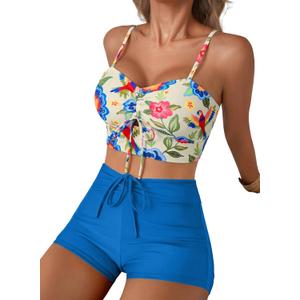 Herseas High Waisted Bikini Sets for Women Floral Print Two Piece Tummy Control Swimsuits Drawstring Short Bathing Suit M