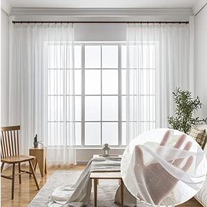 Ftinala Off White Sheer Curtains 102 Inch Long 2 Panels, Thin Linen Textured Curtain for Living Room, Rustic Ivory See Through Window Decor, DIY Pinch Pleat Drapes for Track System