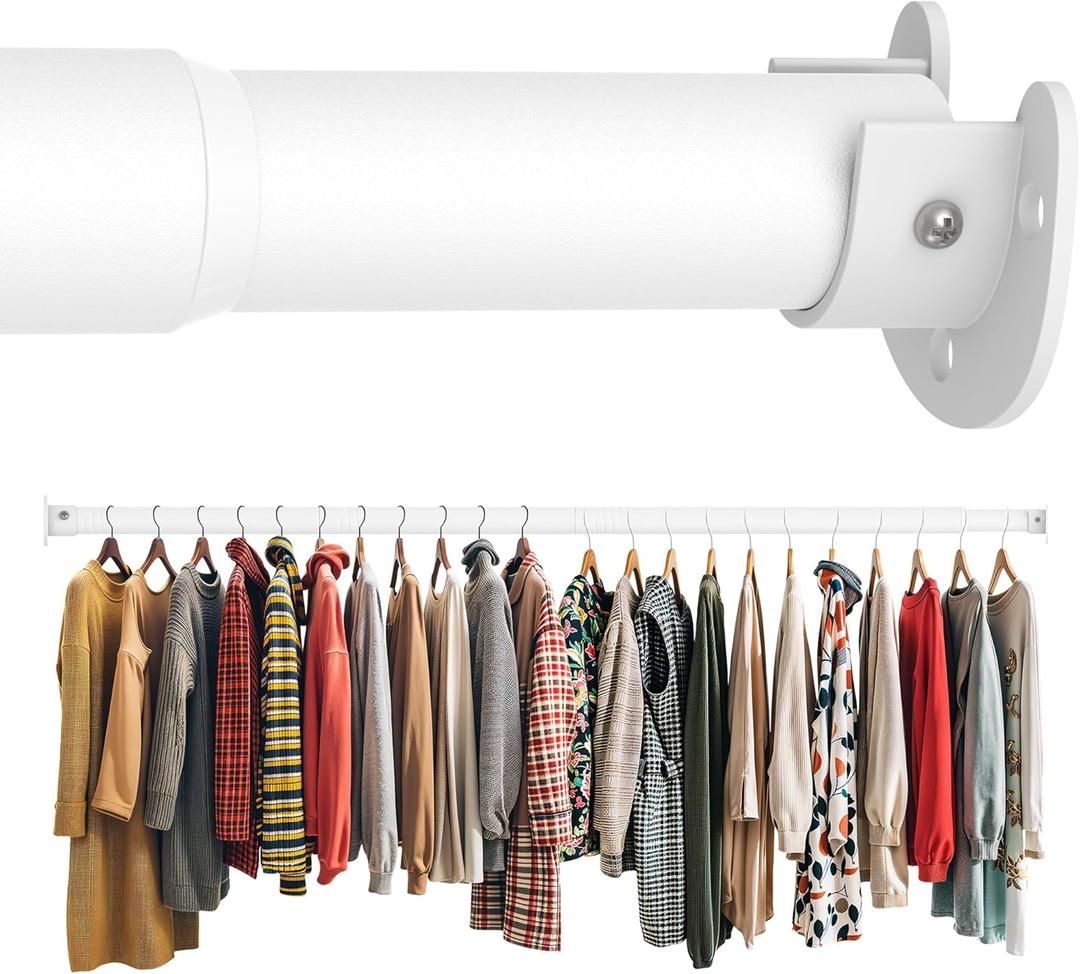 AeedWisp Closet Rod 50-87 Inches, Adjustable Heavy Duty Metal White Closet Rods for Hanging Clothes 1.3 Inches Diameter for Wardrobes Laundry
