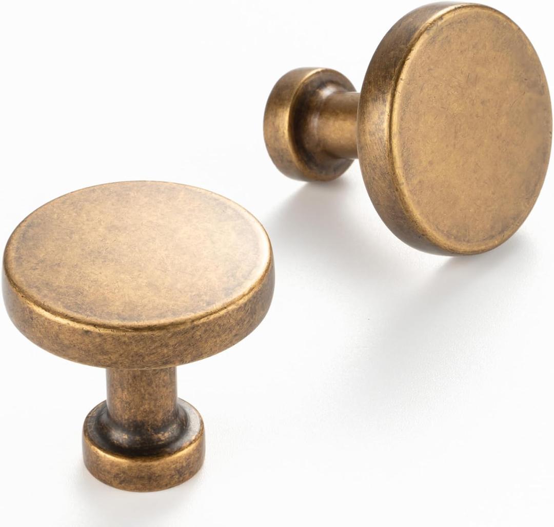 10 Pack 1-1/4 Inch Antique Brass Cabinet Knobs Vintage Brass Drawer Knobs Round Brass Cabinet Pulls, ZK2302 Kitchen Hardware for Cabinets Drawers Bedroom Dresser Cupboard Bathroom Vanity Closet