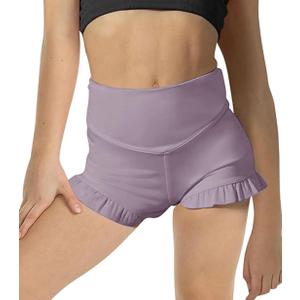 Girls Athletic Shorts High Waisted Ruffle Dance Shorts Yoga Workout Running Shorts (5-6 Years, Purple)