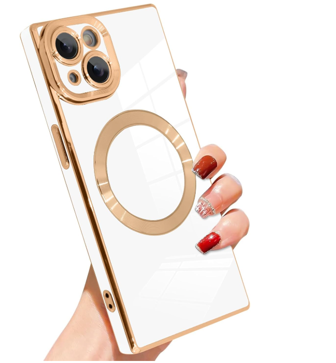 Case for iPhone 15 Plus Cute Plating Case[Compatible with Magsafe] for Women Girls Soft TPU Shockproof Camera Protection Electroplate Bumper Cover for iPhone 15 Plus 6.7"- White