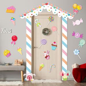 Epakh 21 Pcs Christmas Candy House Door Cover Large Christmas Door Decorations Candy Porch Banner with Lollipop Cutouts Porch Sign Backdrop for Wall Window Decor