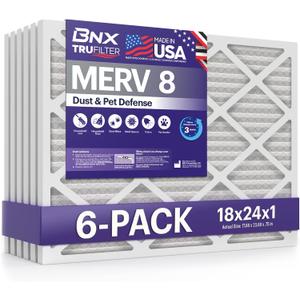 BNX TruFilter 18x24x1 Air Filter MERV 8 (6-Pack) - MADE IN USA  Dust & Pet Defense Electrostatic Pleated Air Conditioner HVAC AC Furnace Filters for Dust, Pet, Mold, Pollen MPR 600  700 & FPR 5