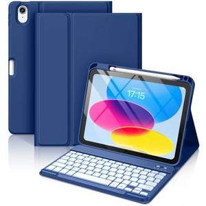 Hamile for iPad 11th 10th Generation Case with Keyboard - 7 Colors Backlit Wireless Detachable Folio Keyboard Cover with Pencil Holder for iPad A16 11-inch 2025 10th Gen 10.9 Inch 2022 (Navy Blue)