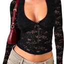 Womens Long Sleeve Going Out Tops Lace V Neck Mesh Crop Shirts Sexy Cute Y2K Fall Trendy Outfits 2025 (Black)
