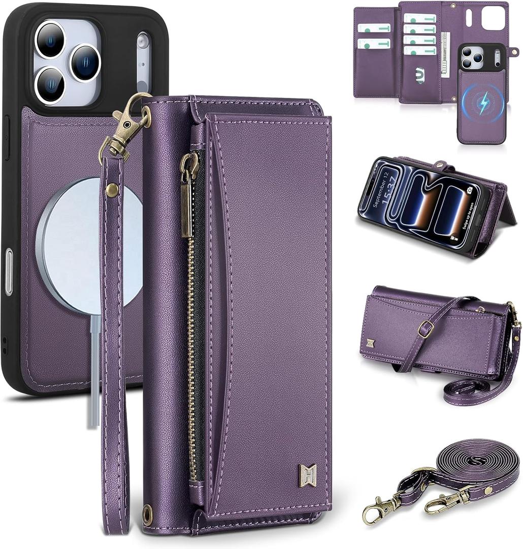 Wallet Case for iPhone 17 Pro with Card Holder/Crossbody Wallet/Strap,[RFID Blocking][Magnetic] PU Leather Phone Case for iPhone 17 Pro,6.3 in,Purple