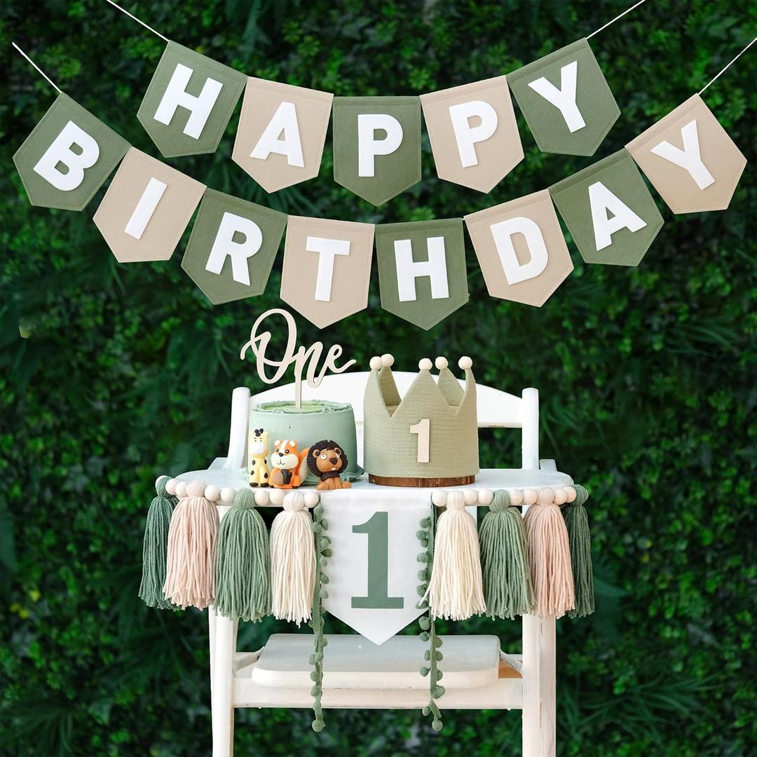 DCJHFJ Wild One High Chair Banner Felt Green Happy Birthday Banner Pre-Strung Birthday Party Decorations for 1st Birthday Decorations Boy