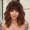 AISI HAIR Ginger and Brown Synthetic Wavy Curly Bob Wig with Bangs Short Wavy Hair for Women Synthetic Heat Resistant Bob Wigs