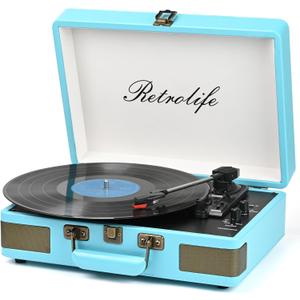 Record Player 3 Speed Bluetooth Portable Suitcase Vinyl Player with Built-in Speakers Turntable Enhanced Audio Sound PU Leather Vintage, Blue 
