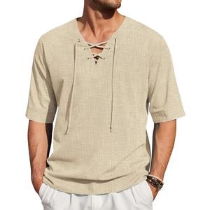 COOFANDY Men Linen Cotton Shirt Beach Lace Up V Neck Shirts Hippie Viking Meditation Tunic,XL