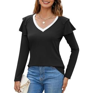SENFURE Womens Ruffle Long Sleeve Tops Colorblock V-Neck Shirts Casual Slim Fitted Tee Blouse, L, Black