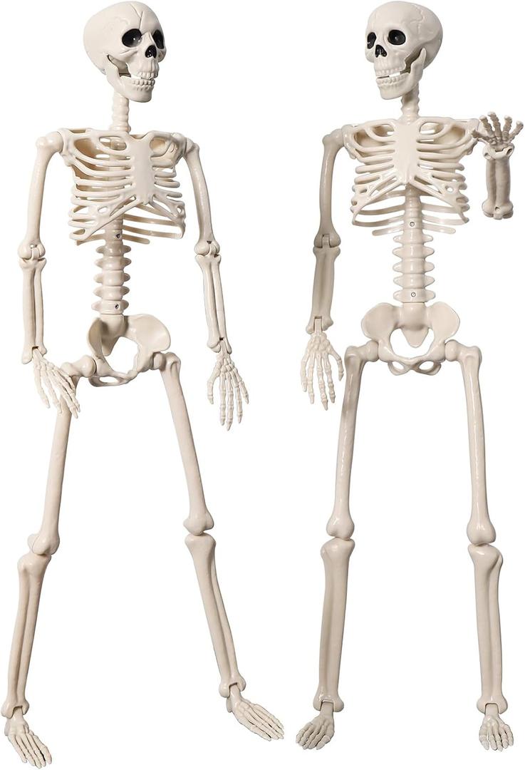 2 Pack 36" Halloween Skeleton Decorations, 3FT Realistic Full Body Movable Posable Joints Skeleton, Creepy Halloween Plastic Human Bones for Party Decor Lawn Haunted House Graveyard Props Outdoor (Beige)