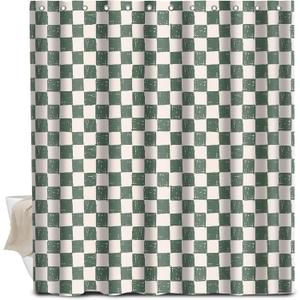 Shower Curtain for Bathroom, Cute Shower Curtain Sets with 12 Hooks, Waterproof Fabric Bath Curtain for Home, 72Wx72H, Green Checkerboard