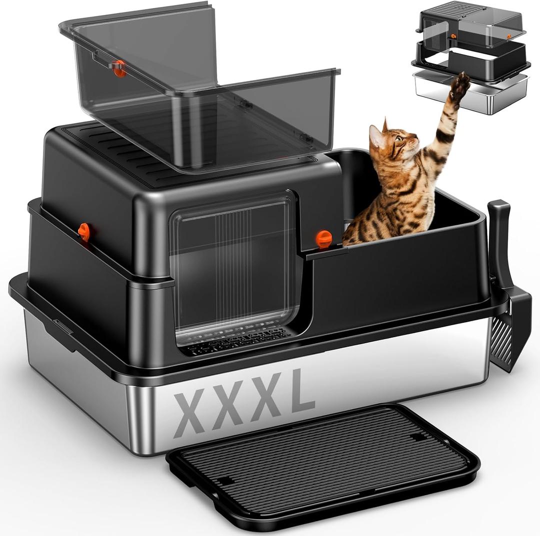 XXXL Stainless Steel Cat Litter Box with Lid – 28.3"×20.2"×17.3", Black