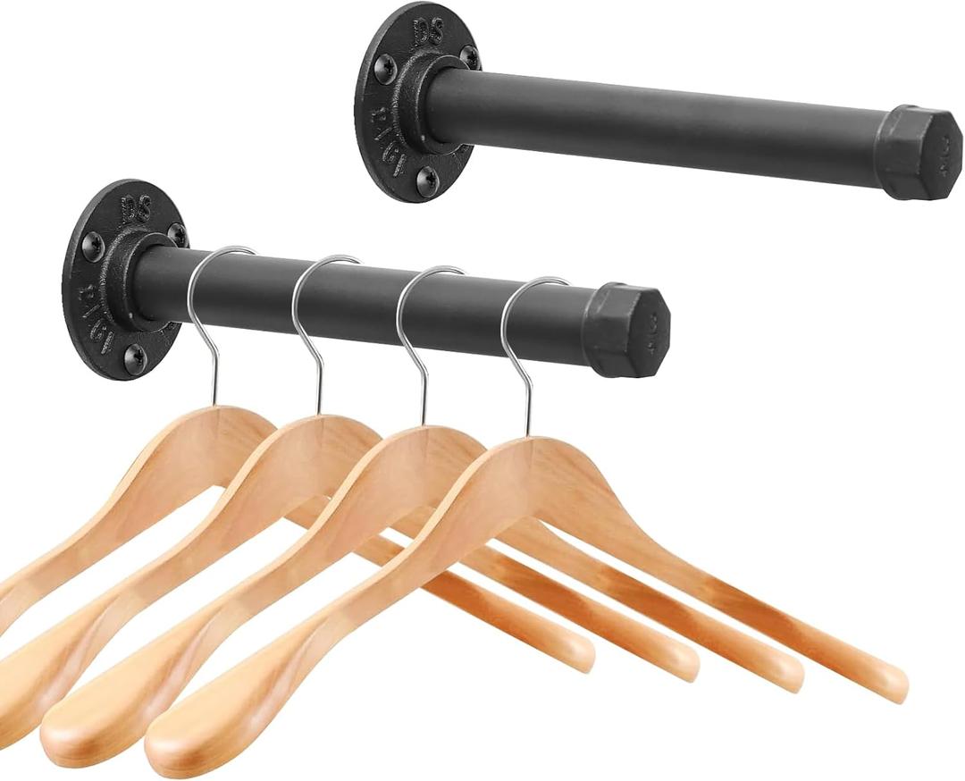 Cast Iron Wall Mounted Clothes Rack, Heavy Duty Industrial Pipe Clothing Rack for Hanging Clothes, Garment Racks for Wardrobe Organizers and Storage, DIY Closet Rods Closet Bar (Black 2 Pack, 8 in)