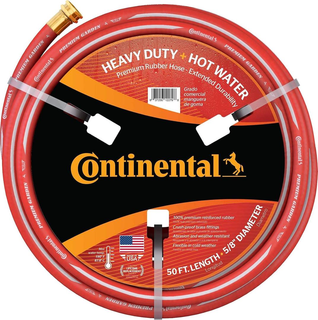 Continental Premium Garden Red Heavy Duty Hot Water Garden Hose, 5/8in Inside Diameter x 50ft Length, Male x Female Garden Hose Thread
