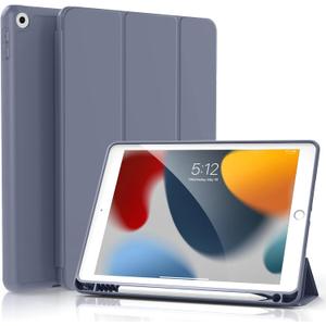 KenKe Case for iPad 9th Generation 2021/ iPad 8th Generation 2020/ iPad 7th Generation 2019 10.2 inch, Built-in Pencil Holder, Slim Trifold Stand Cover with Soft TPU Back, Auto Wake/Sleep, Purple Gray