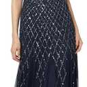 Adrianna Papell Womens Short-Sleeve Grid Beaded Gown (Blue, 14)