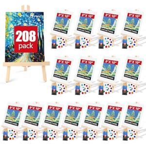 AROIC 208 Pack Easel and Canvas Sets with 16 Wood Easels,160 Brushes,16 Canvas and 16 Palette, Painting Set, Tabletop Easel, Art Easels, Painting Supplies for Kids & Adults to Paint Party