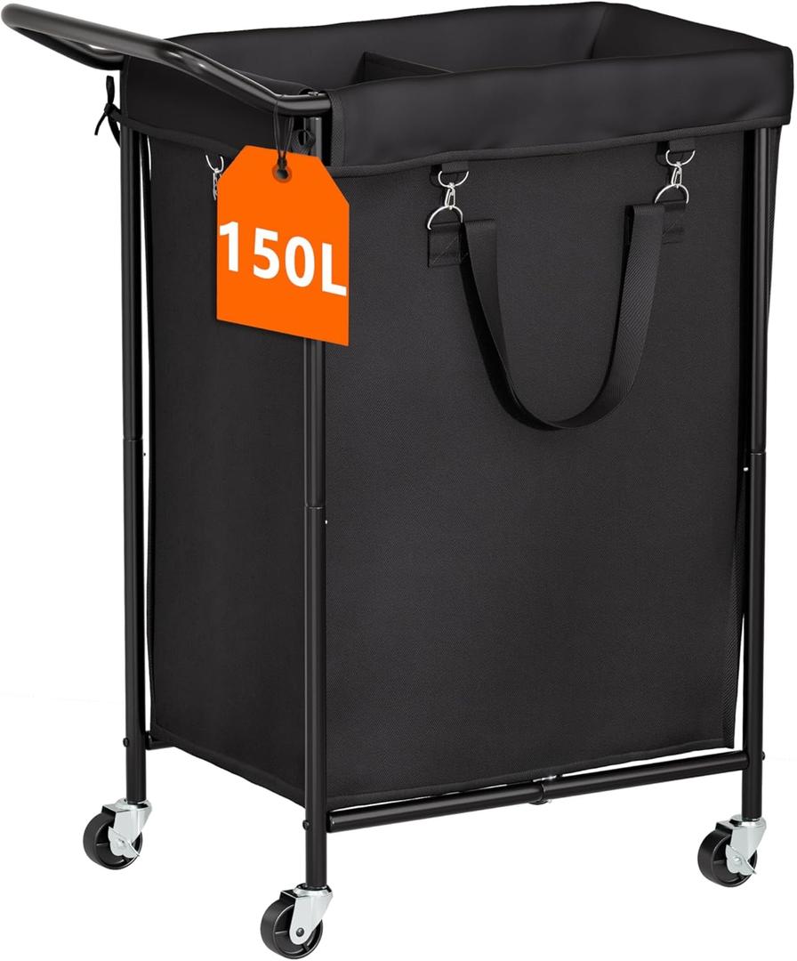 150L Laundry Basket with Wheels, Double Rolling Laundry Hamper with Metal Frame and Removable Bag, Dirty Clothes Hampers for Bedroom, Bathroom, Dorm Room, Black
