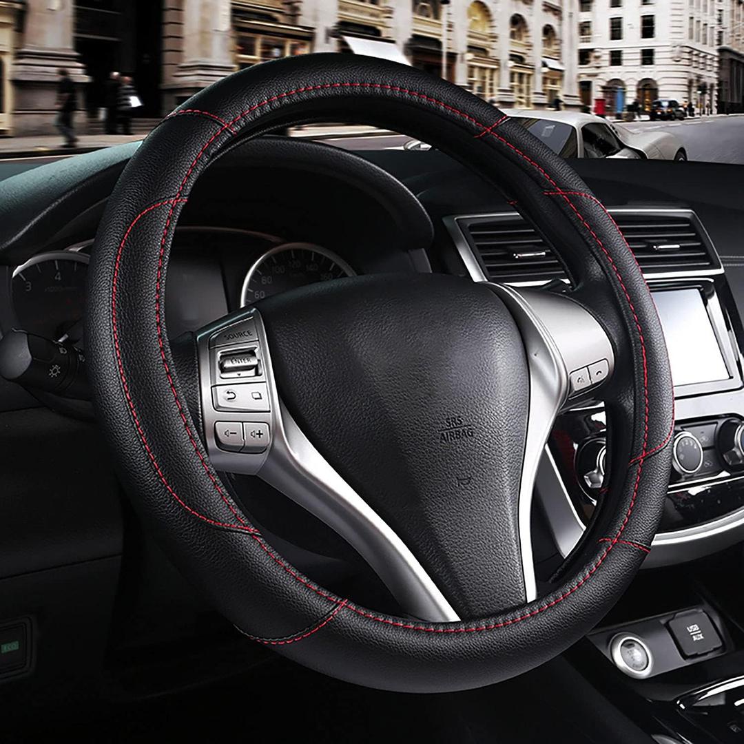 Leather Car Steering Wheel Cover, Non-Slip Car Wheel Cover Protector Breathable Microfiber Leather Universal Fit for Most Cars(Black), 15 Inches