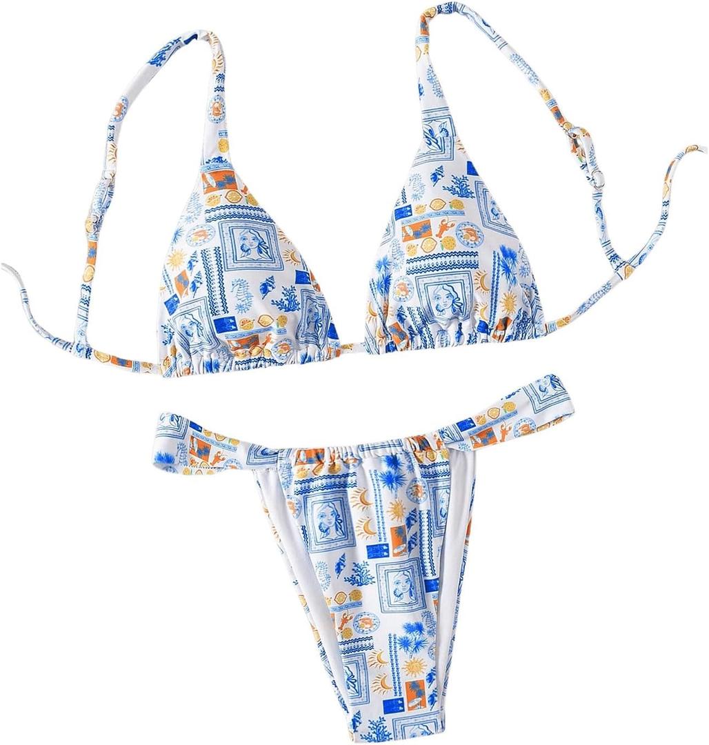 Women's 2 Piece Bathing Suit Graphic Boho Triangle Swimsuits Thong Cheeky Floral Bikini Set (S, Blue and White)