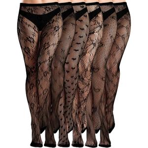 Ramede 6 Pairs Women Fishnet Thigh High Stockings Waist Tights Bow Patterned lace Fishnet Leggings Pantyhose for Halloween (X-Large, Black)