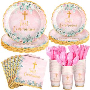 Willinglong 175 Pcs Pink First Communion Decorations for Girl First Holy Communion Disposable Tableware Pink Baptism Party Favor Decorations Table Decoraion for Baby Shower 25 Guest Supplies