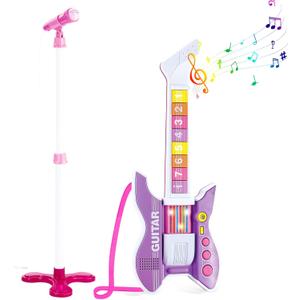 deAO Kids Guitar and Microphone Set with Stand Adjustable Height Music Light Karaoke Music Toys Christmas Birthday Gift for Kids Boys Girls (Purple)
