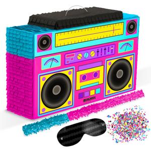 Boombox Piata 4-Piece Set perfect for Retro Birthday Party, Decorations, 80s Parties, Hip Hop 90s, 1980s Radio Piata for kids and adults (17X10) Durable!