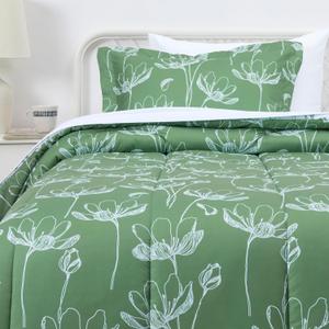 Amazon Basics Lightweight Microfiber Comforter Sets, 5 Pieces, Green, Floral, Twin/Twin XL (Floral Motifs in Green Background)