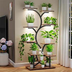Plant Stand Indoor with Grow Lights - 10 Tiered Plant Shelf Indoor, 63" Lighted Corner Plant Shelves for Indoor Plants, Metal Tall Flower Holder, Plant Rack for Living Room, Patio,Balcony Decor, Wooden Blown