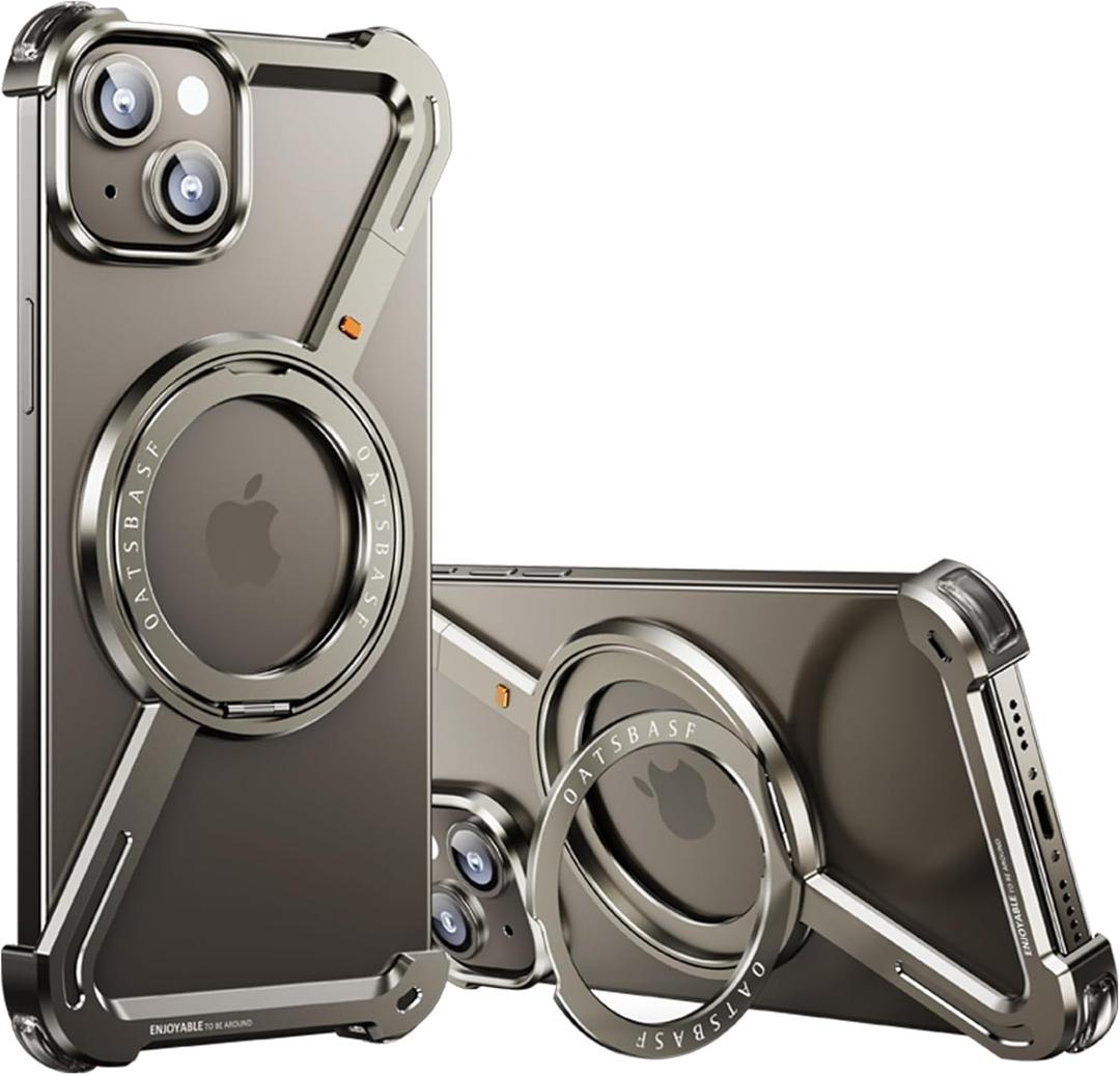 OATSBASF Minimalist Phone Case Compatible with iPhone 15 Plus 6.7", 360 Rotation Kickstand Aluminum Metal Frameless Design Bumper Z Case, Protective Shock Grade Shell, Natural Titanium