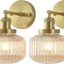 Vintage Wall Sconces with Amber Pumpkin Glass Lampshade, Indoor Bathroom Wall Sconce, Modern Gold Industrial Lighting Fixture for Mirror Living Room Hallway