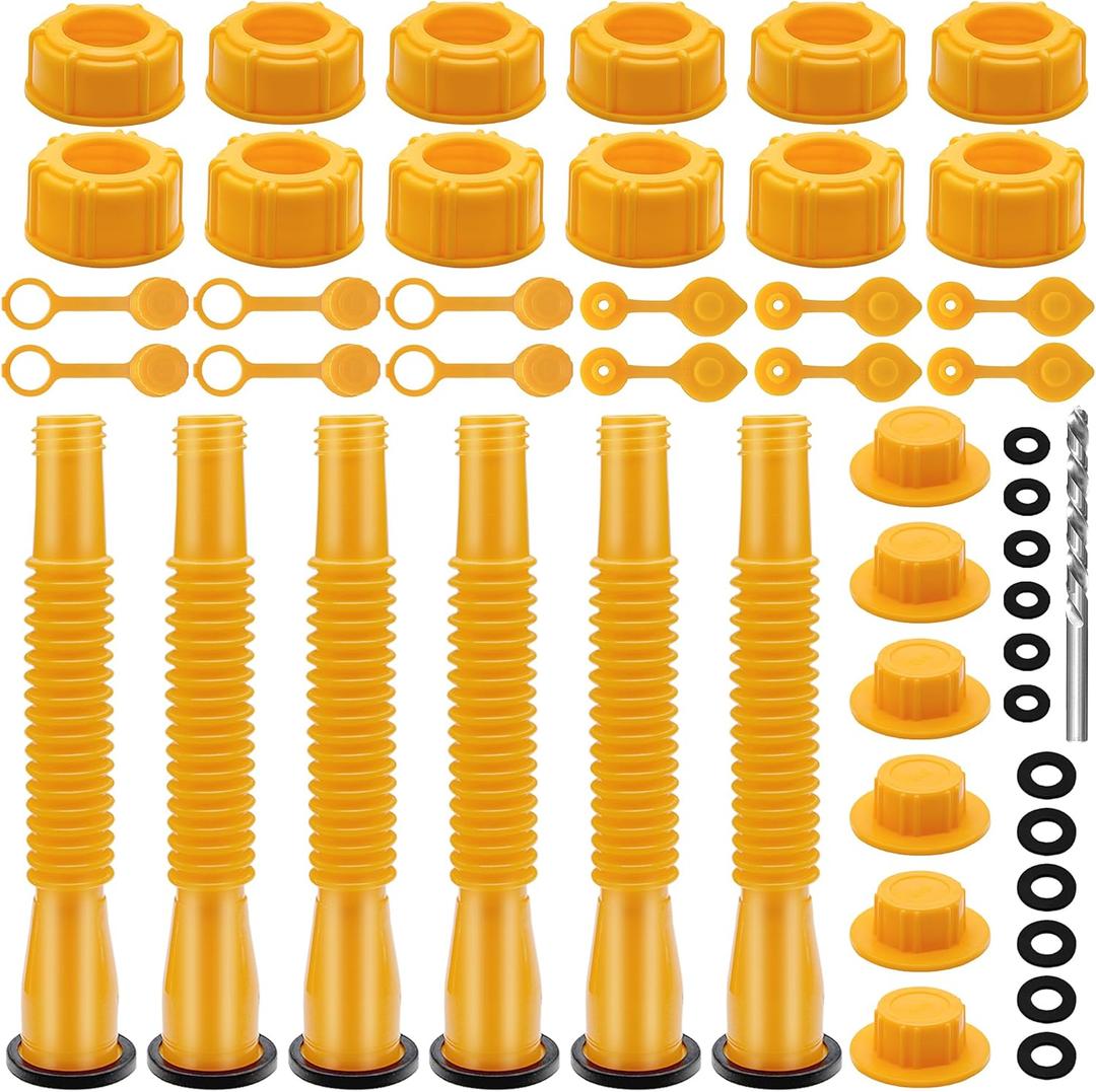 6 Kits 49pcs Can Spout Replacement Kit,Can Nozzle Replacement Kit for 1/2/5/10 Gal,Can Spouts for Old Style Tanks Easy to Install,with Screw Collar Caps, Spout Cover, Base Cap, Drill Bit