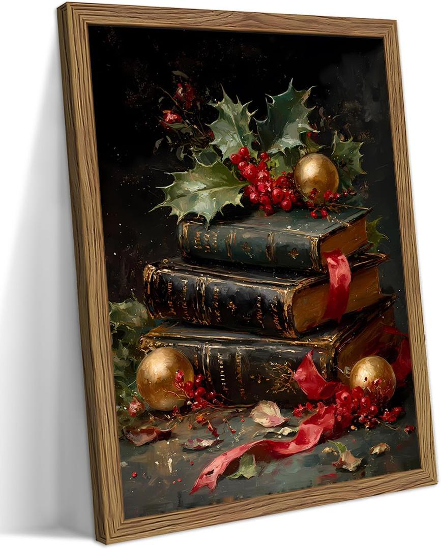 Framed Christmas Wall Art, Vintage Christmas Book Paintings, Retro Canvas Prints Decor, Rustic Winter Holiday Pictures Wall Decor for Bedroom Christmas Decoration Gifts  12x16in